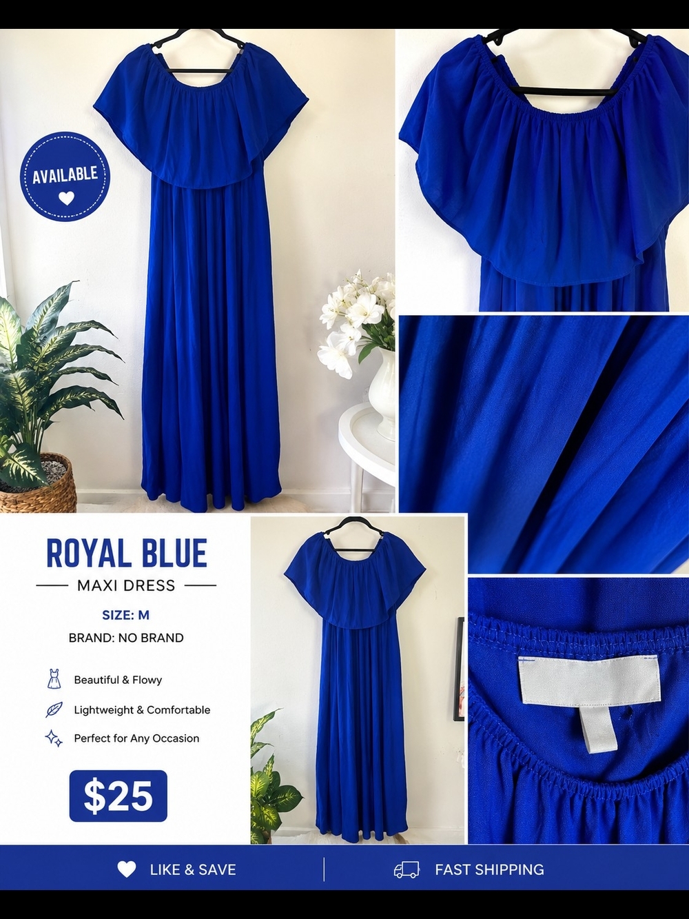 Royal Blue Maxi Dress for Women's  - Flowing Off-Shoulder Style